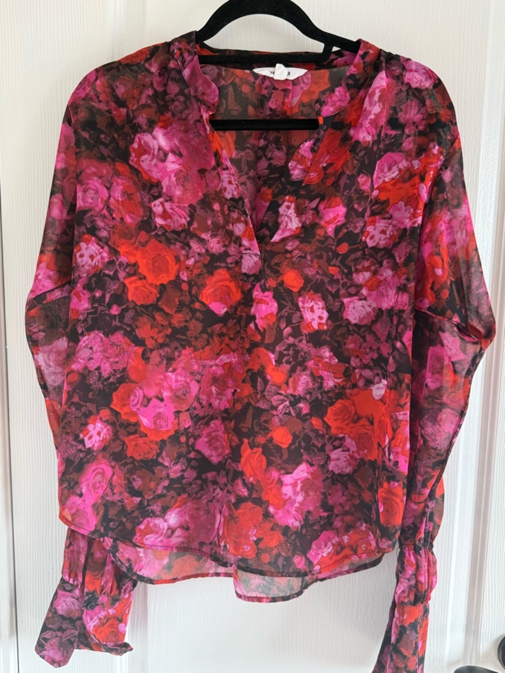 Steve Madden Floral Sheer V-Neck Blouse - Pink & Red